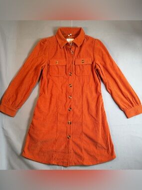 Women's szM Orange Corduroy Button-Front Long-sleeve Collared Dress Pockets NEW